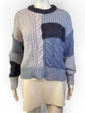 aerie Colorblock Cable-Knit Crew Sweater in Blue and Gray